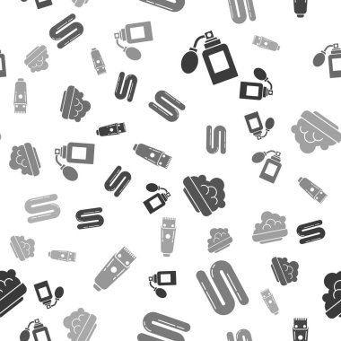 Tıraş losyonunu atomizer, havlu, tıraş jeli köpüğü ve elektrikli saç makasıyla ayarlayın. Vektör