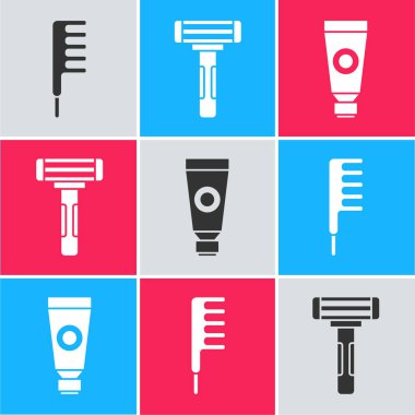 Saç fırçası, tıraş bıçağı ve krem ya da losyon kozmetik tüp ikonu. Vektör