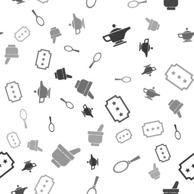 Sihirli lamba ya da Aladdin 'i, sihirli el aynasını, Bilet ve Sihirli havan topuzunu kusursuz desene ayarla. Vektör