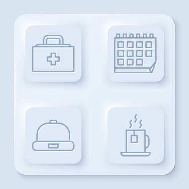 İlk yardım çantası, Takvim, Beanie şapkası ve çay poşetli çay. Beyaz kare düğme. Vektör