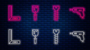 Oyun bıçağı, metal vida, köşe cetvel ve elektrikli tutkal tabancası. Tuğla duvarda parlayan neon simgesi. Vektör