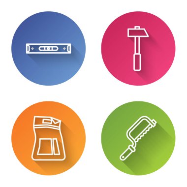 Kabarcık, çekiç, çimento torbası ve testere hattını ayarla. Renkli daire düğmesi. Vektör