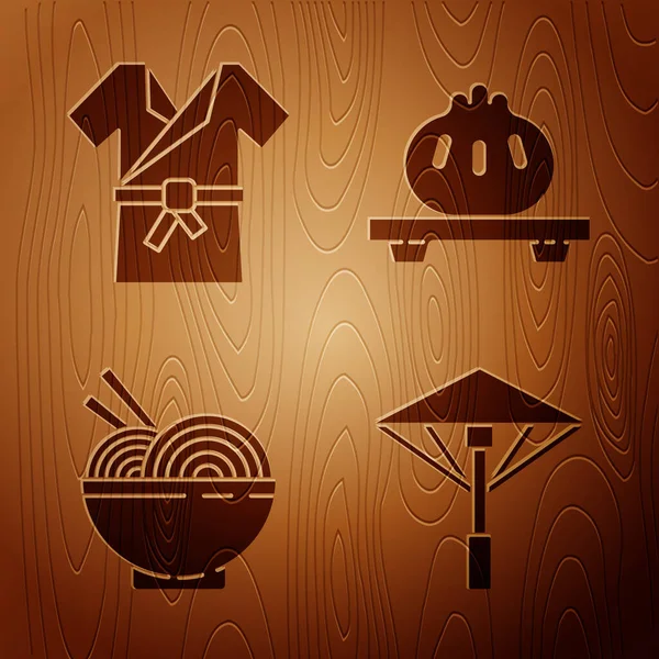 把日本雨伞放在阳光下 日本服装木卫一 亚洲面条放在碗里 筷子里 饺子放在木板背景的木板上 — 图库矢量图片