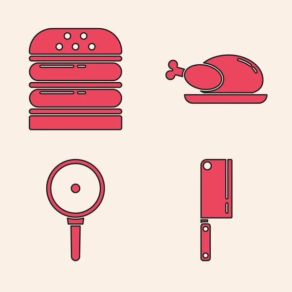 Set Fleischhacker Burger Gebratener Truthahn Oder Huhn Und Pfanne Symbol — Stockvektor