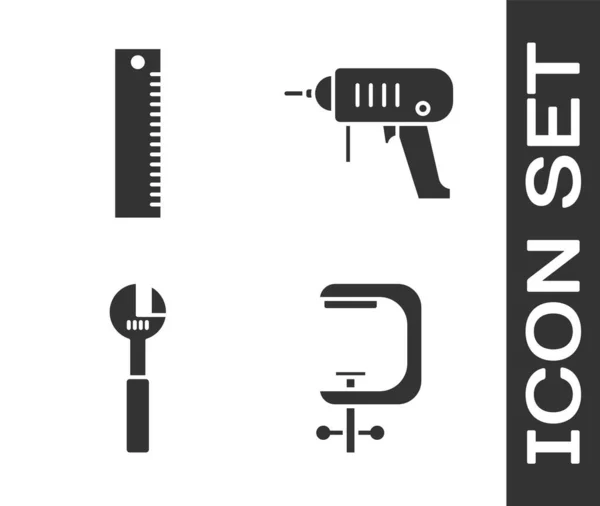 Set Klemm Und Schraubenwerkzeug Lineal Einstellschlüssel Und Elektrobohrmaschine Symbol Vektor — Stockvektor
