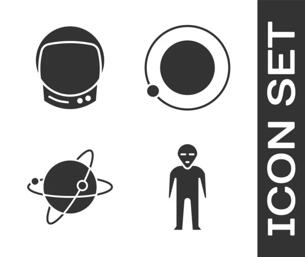 Установите Пришельцев Шлем Астронавта Спутники Вращающиеся Вокруг Планеты Земля Спутники — стоковый вектор
