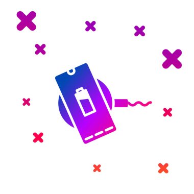 Beyaz arkaplanda izole edilmiş kablosuz şarj simgesine yüklenen renkli akıllı telefon. Şarj pedi şarj ediliyor. Kademeli rastgele dinamik şekiller. Vektör İllüstrasyonu