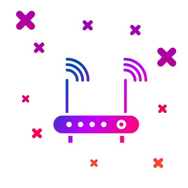 Renk Yönlendirici ve kablosuz ağ sinyali simgesi beyaz arkaplanda izole edildi. Kablosuz ethernet modem yönlendirici. Bilgisayar teknolojisi interneti. Kademeli rastgele dinamik şekiller. Vektör İllüstrasyonu