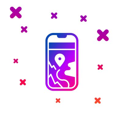 Renk Infografik beyaz arka planda izole şehir haritası navigasyon simgesi. Mobil uygulama arayüzü konsept tasarımı. Geolacation kavramı. Degrade rasgele dinamik şekiller. Vektör Illustration