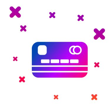 Renkli kredi kartı simgesi beyaz arka planda yalıtılmış. Online ödeme. Nakit para çekme. Finansal operasyonlar. Alışveriş tabelası. Degrade rasgele dinamik şekiller. Vektör Illustration
