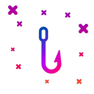 Renkli olta kancası simgesi beyaz arkaplanda izole edildi. Balık oltası. Kademeli rastgele dinamik şekiller. Vektör İllüstrasyonu