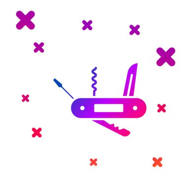 Beyaz arka planda izole edilmiş renkli İsviçre ordu bıçağı ikonu. Çoklu alet, çok amaçlı çakı. Çok fonksiyonlu bir alet. Kademeli rastgele dinamik şekiller. Vektör İllüstrasyonu