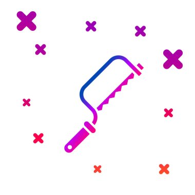 Beyaz arkaplanda renk testeresi simgesi izole edildi. Tahta ve metal testeresi. Kademeli rastgele dinamik şekiller. Vektör İllüstrasyonu