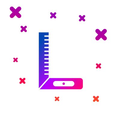 Renk Köşesi cetvel simgesi beyaz arkaplanda izole edildi. Yerleşim alanı, açı cetvel, marangozluk, ölçüm aletleri, ölçek. Kademeli rastgele dinamik şekiller. Vektör İllüstrasyonu