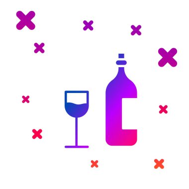 Beyaz arka planda şarap kadehi ikonu olan renkli şarap şişesi. Mutlu Paskalyalar. Kademeli rastgele dinamik şekiller. Vektör İllüstrasyonu