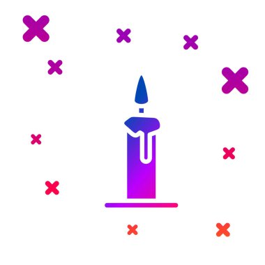 Beyaz arkaplanda izole edilmiş şamdan simgesindeki renk yakan mum. Silindirik mum çubuğu ve yanan ateş. Kademeli rastgele dinamik şekiller. Vektör İllüstrasyonu