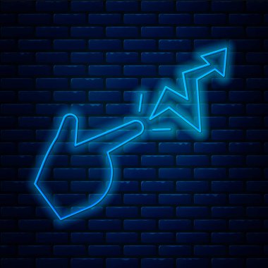 Parlayan neon hattı ikonu tuğla duvar arka planında izole edildi. Büyücü el büyüler yapıyor. Vektör İllüstrasyonu