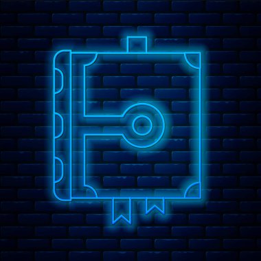 Işıldayan neon hattı Eski büyü kitabı simya tarifleri, mistik büyüler ve tuğla duvar arka planında izole edilmiş büyü simgesi. Vektör İllüstrasyonu
