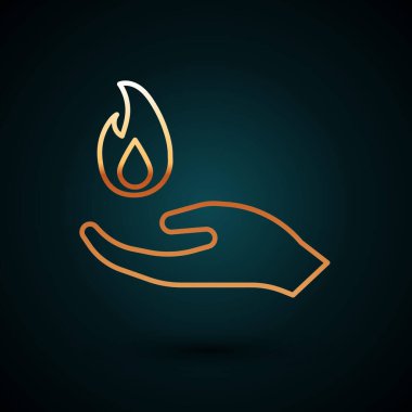 Altın çizgili El koyu mavi arka planda izole edilmiş bir ateş ikonu tutuyor. Vektör İllüstrasyonu