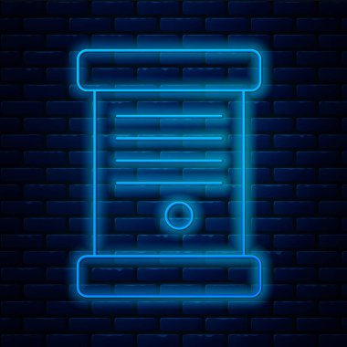 Parlayan neon çizgisi Dekree, kağıt, parşömen, parşömen simgesi tuğla duvar arka planında izole edilmiş. Vektör İllüstrasyonu