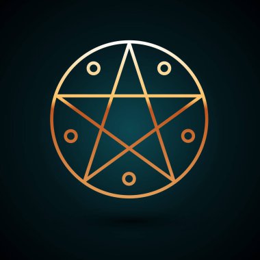 Koyu mavi arka planda izole edilmiş bir daire simgesinde altın çizgili Pentagram. Sihirli okült yıldız sembolü. Vektör İllüstrasyonu