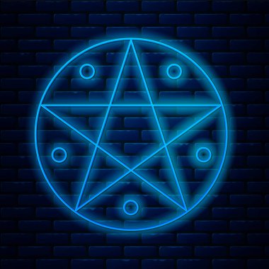 Duvarın arka planında izole edilmiş bir daire simgesinde parlayan neon çizgisi pentagram. Sihirli okült yıldız sembolü. Vektör İllüstrasyonu