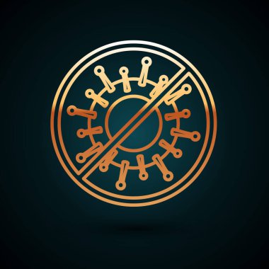 Sarı çizgi. Virüs simgesi koyu mavi arkaplanda izole edildi. Corona virüsü 2019-nCoV. Bakteri ve mikroplar, hücre kanseri, mikrop, mantar. Vektör İllüstrasyonu