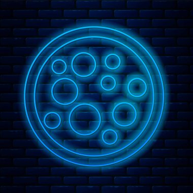 Parlayan neon hattı Virüs simgesi tuğla duvar arka planında izole edildi. Corona virüsü 2019-nCoV. Bakteri ve mikroplar, hücre kanseri, mikrop, mantar. Vektör İllüstrasyonu