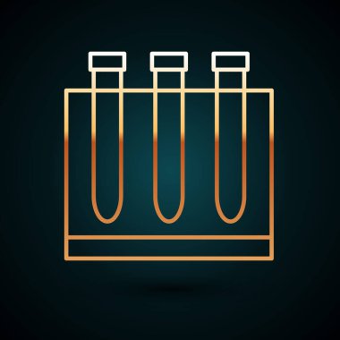 Altın çizgili kan testi ve virüs molekülü koronavirüs ikonu koyu mavi arka planda izole edildi. Coronavirus, COVID-19. 2019-NCoV. Vektör İllüstrasyonu