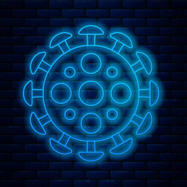 Parlayan neon hattı Virüs simgesi tuğla duvar arka planında izole edildi. Corona virüsü 2019-nCoV. Bakteri ve mikroplar, hücre kanseri, mikrop, mantar. Vektör İllüstrasyonu