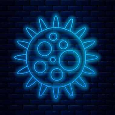 Parlayan neon hattı Virüs simgesi tuğla duvar arka planında izole edildi. Corona virüsü 2019-nCoV. Bakteri ve mikroplar, hücre kanseri, mikrop, mantar. Vektör İllüstrasyonu