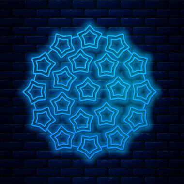 Parlayan neon hattı Virüs simgesi tuğla duvar arka planında izole edildi. Corona virüsü 2019-nCoV. Bakteri ve mikroplar, hücre kanseri, mikrop, mantar. Vektör İllüstrasyonu