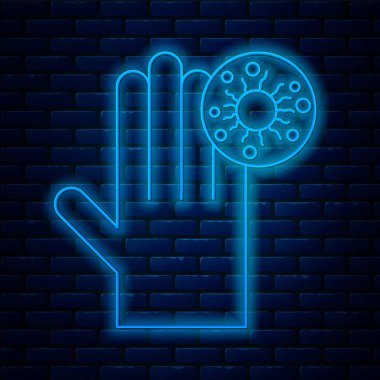 Parlayan neon çizgili, duvarda virüs simgesi olan bir el. Corona virüsü 2019-nCoV. Bakteri ve mikroplar, hücre kanseri, mikrop, mantar. Vektör İllüstrasyonu
