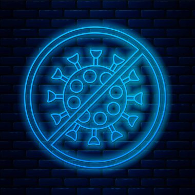 Parlayan neon hattı dur virüsü ikonu tuğla duvar arkasında izole edildi. Corona virüsü 2019-nCoV. Bakteri ve mikroplar, hücre kanseri, mikrop, mantar. Vektör İllüstrasyonu