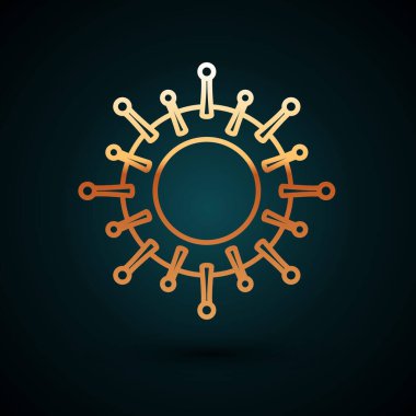 Altın çizgili Virüs simgesi koyu mavi arkaplanda izole edilmiş. Corona virüsü 2019-nCoV. Bakteri ve mikroplar, hücre kanseri, mikrop, mantar. Vektör İllüstrasyonu