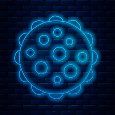 Parlayan neon hattı Virüs simgesi tuğla duvar arka planında izole edildi. Corona virüsü 2019-nCoV. Bakteri ve mikroplar, hücre kanseri, mikrop, mantar. Vektör İllüstrasyonu