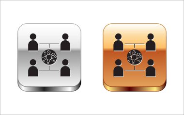 Siyah virüs beyaz arkaplana izole edilmiş bir ikon yaydı. Coronavirus enfeksiyon bilgi grafikleri. Gümüş-altın kare düğme. Vektör İllüstrasyonu