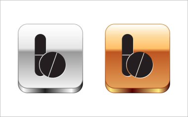 Siyah İlaç hapı ya da beyaz arka planda izole edilmiş tablet ikonu. Corona virüsü 2019-nCoV. Kapsül hapı ve uyuşturucu işareti. Eczane tasarımı. Gümüş-altın kare düğme. Vektör İllüstrasyonu