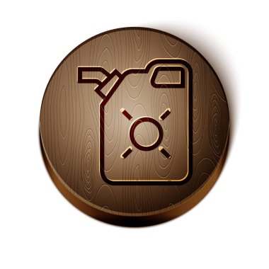 Beyaz arka planda izole edilmiş motor makine yağı simgesi için kahverengi çizgi kutusu. Benzin bidonu. Yağ değiştirme ve onarım servisi. Motor yağı işareti. Tahta daire düğmesi. Vektör İllüstrasyonu