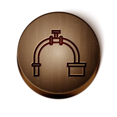 Kahverengi çizgi endüstrisi metalik boru ve kapakçık simgesi beyaz arka planda izole edildi. Tahta daire düğmesi. Vektör İllüstrasyonu