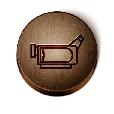 Kahverengi çizgi sinema kamerası simgesi beyaz arkaplanda izole edildi. Video kamera. Film tabelası. Film projektörü. Tahta daire düğmesi. Vektör İllüstrasyonu