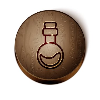 Aşk iksiri ikonlu kahverengi çizgi beyaz arka planda izole edilmiş. Sevgililer Günü sembolü. Tahta daire düğmesi. Vektör İllüstrasyonu