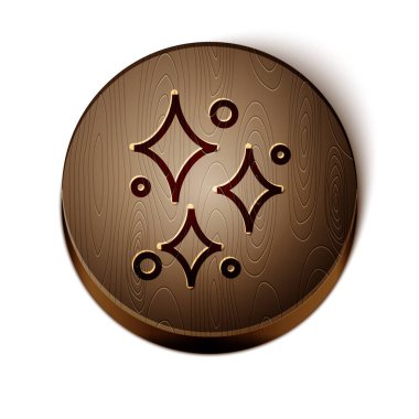 Beyaz arka planda izole edilmiş sihirli simli parıltı simgesi olan kahverengi çizgi yıldızları. Sihirli noel süsü. Tahta daire düğmesi. Vektör İllüstrasyonu