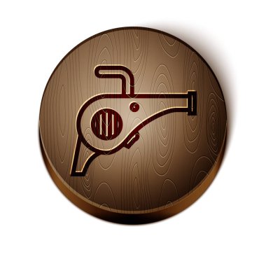 Kahverengi çizgi Yaprak üfleyici simgesi beyaz arkaplanda izole edildi. Tahta daire düğmesi. Vektör İllüstrasyonu