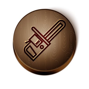 Kahverengi çizgili testere simgesi beyaz arkaplanda izole edilmiş. Tahta daire düğmesi. Vektör İllüstrasyonu