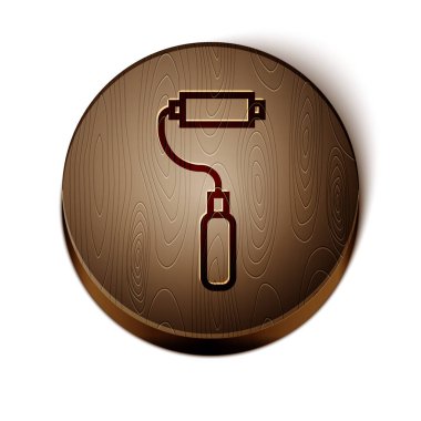 Kahverengi çizgi boyalı fırça ikonu beyaz arkaplanda izole edildi. Tahta daire düğmesi. Vektör İllüstrasyonu