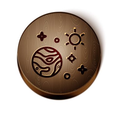 Kahverengi çizgi uzay ve gezegen simgesi beyaz arkaplanda izole edildi. Gezegenler kraterler, yıldızlar ve kuyruklu yıldızlarla yüzeye çıkar. Tahta daire düğmesi. Vektör İllüstrasyonu