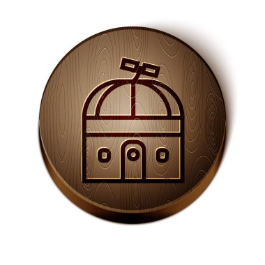 Kahverengi çizgi Astronomik Gözlemevi simgesi beyaz arkaplanda izole edildi. Teleskoplu bir gözlemevi. Bilimsel kurum. Tahta daire düğmesi. Vektör İllüstrasyonu