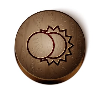 Güneş tutulmasının kahverengi çizgisi beyaz arkaplanda izole edilmiş. Tam sonar tutulması. Tahta daire düğmesi. Vektör İllüstrasyonu
