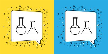 Sarı ve mavi arkaplanda çizgi Test tüpü ve matara simgesini izole et. Kimyasal laboratuvar testi. Laboratuvar camları. Vektör İllüstrasyonu